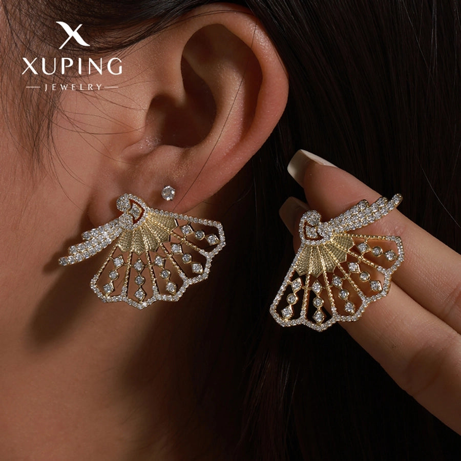 1 Pair XUPING Sweet Artistic Sector Plating Copper Artificial Gemstones 18K Gold Plated Ear Studs