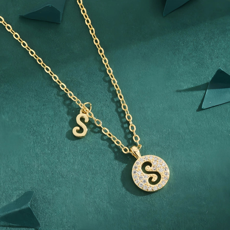 Copper 18K Gold Plated Inlay Letter Zircon Pendant Necklace