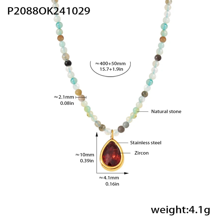 Elegant Vacation Water Droplets 304 Stainless Steel natural stone Zircon Beaded Chain Pendant Necklace In Bulk
