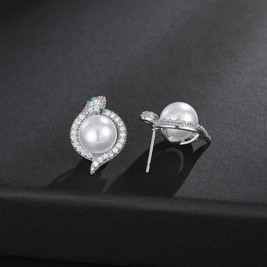 1 Pair Elegant Luxurious Shiny Snake Inlay Copper Artificial Pearls Zircon 18K Gold Plated White Gold Plated Ear Studs