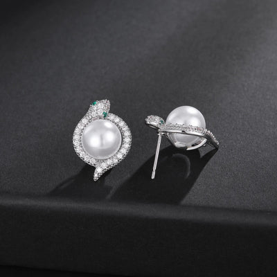 1 Pair Elegant Luxurious Shiny Snake Inlay Copper Artificial Pearls Zircon 18K Gold Plated White Gold Plated Ear Studs