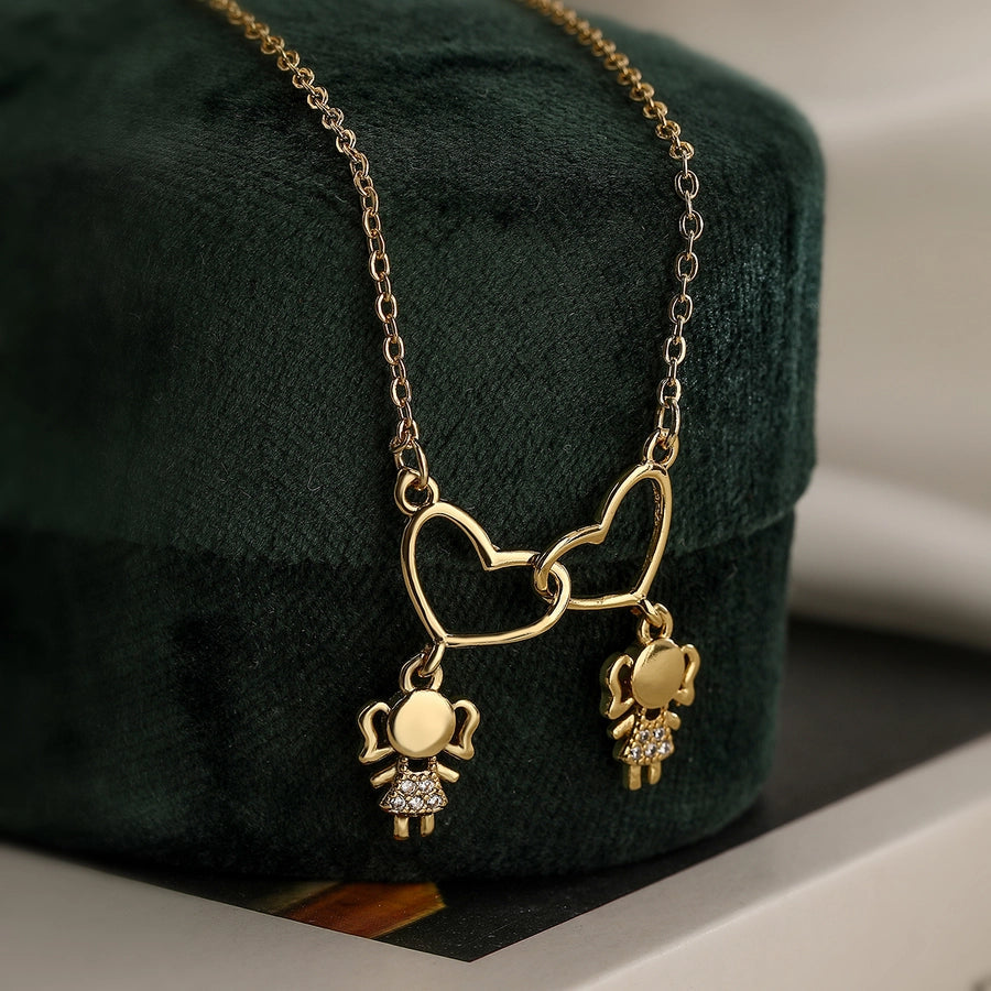 Jewelry Retro Girl Heart Shape Boy Copper Zircon Pendant Necklace