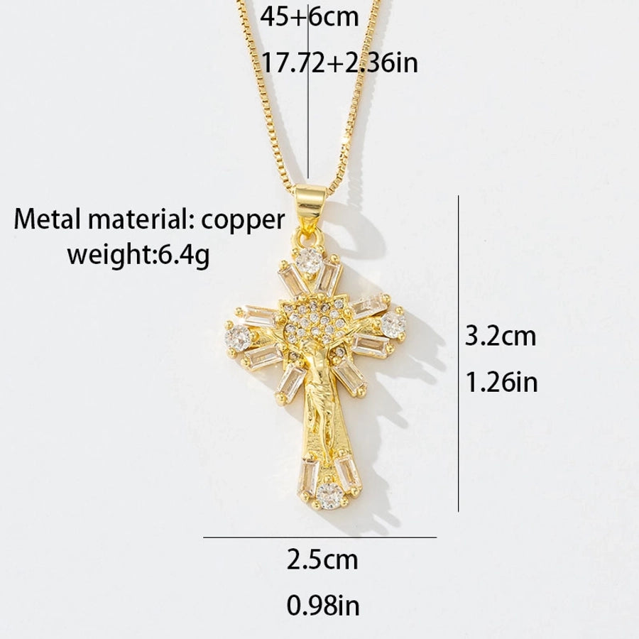 Copper box chain 18K Gold Plated Inlay Carving Cross Zircon Pendant Necklace