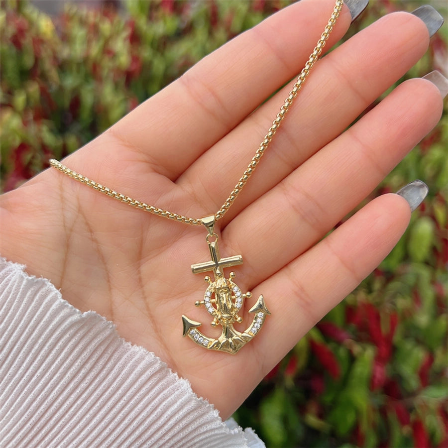 Copper 18K Gold Plated Inlay Anchor Zircon Pendant Necklace