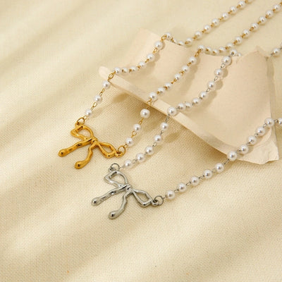 Jewelry IG Style Sweet Bow Knot 304 Stainless Steel Beaded Pearl Pendant Necklace