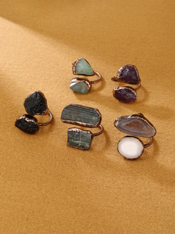 Gem Stone Copper Asymmetrical Inlay Geometric Gem Argyle Natural Stone Gem Crystal Open Rings