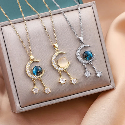 Jewelry Cute Queen Bridal Moon 316 Stainless Steel  Copper Zircon 18K Gold Plated Inlay Pendant Necklace
