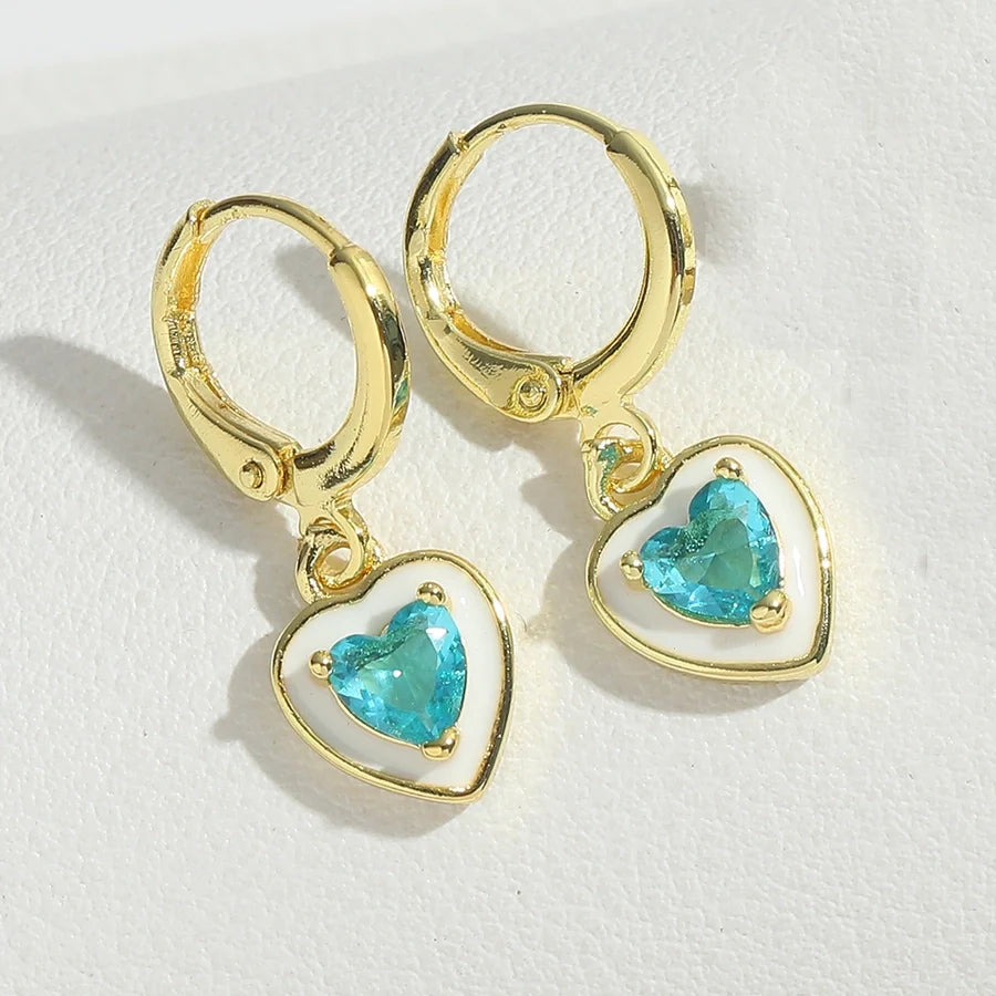 1 Pair Elegant Simple Style Commute Four Leaf Clover Heart Shape Enamel Inlay Copper Zircon 14K Gold Plated Drop Earrings