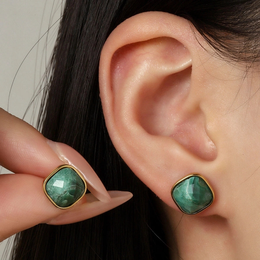 One Pack and Two Pairs Retro French Style Geometric Plating Titanium Steel Natural Stone 14K Gold Plated Ear Studs