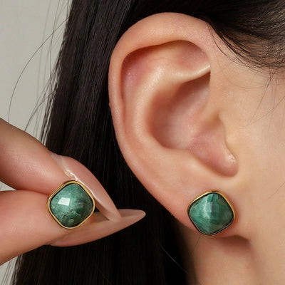 One Pack and Two Pairs Retro French Style Geometric Plating Titanium Steel Natural Stone 14K Gold Plated Ear Studs