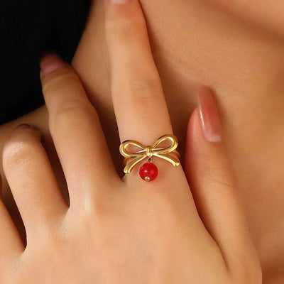 Jewelry Sweet Simple Style Cherry Bow Knot 304 Stainless Steel Rings Earrings