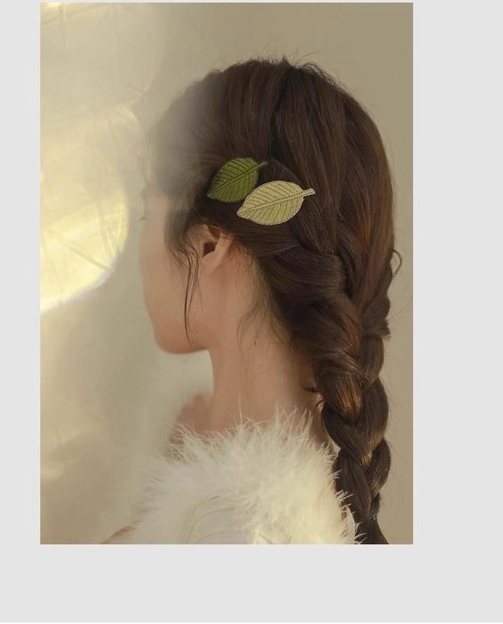 Embroidered leaves! Fresh hairpin! Exquisite bangs clip forehead high-grade Leaf side clip headdress broken hairpin