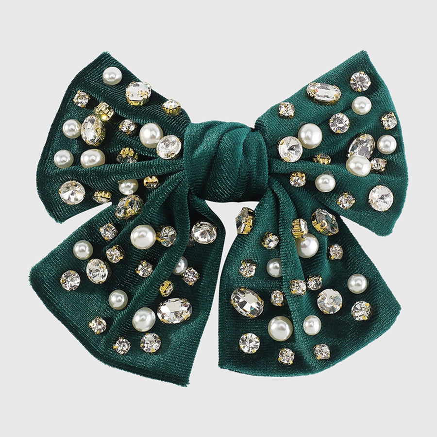 fashion bow knot alloy corduroy inlay artificial pearls rhinestones hair clip 1 piece