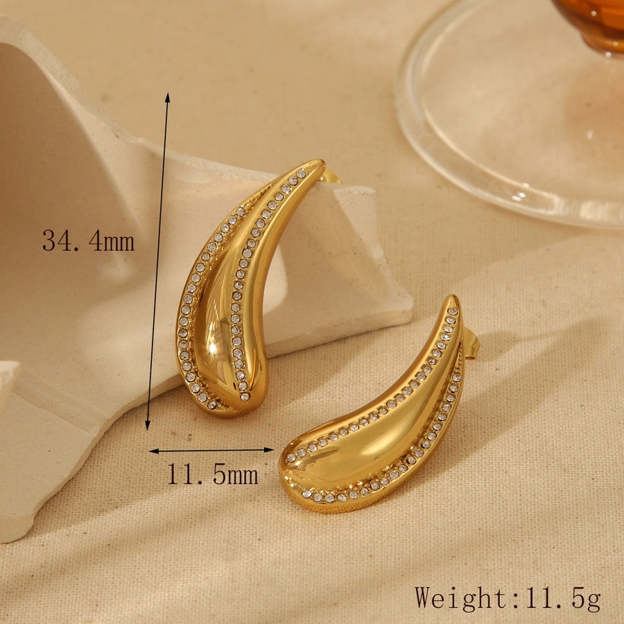 1 Pair French Style Commute Water Droplets Plating Inlay 304 Stainless Steel Zircon 18K Gold Plated Ear Studs