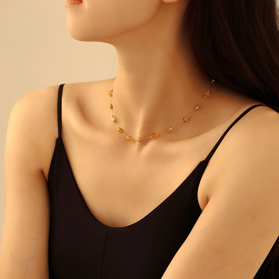 Europe and America  Fashion Natural Stone Golden Balls Beaded Necklace Temperamental Bracelet Stainless Steel Handmade Chain Jewelry Suit