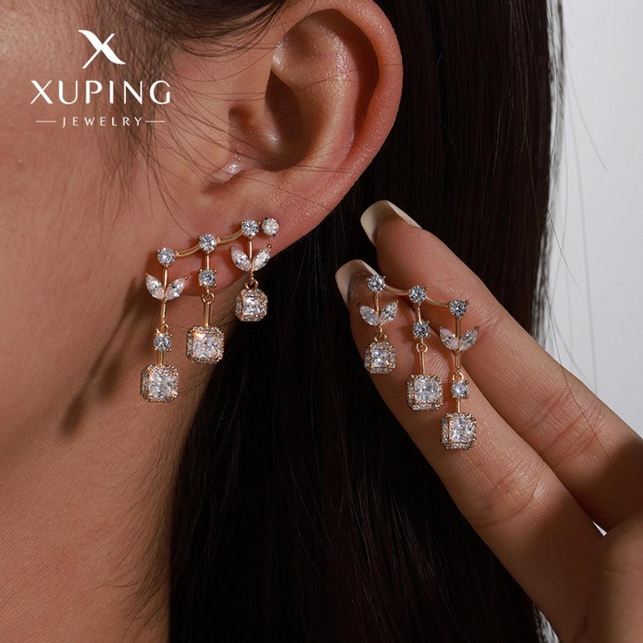 1 Pair Glam Luxurious Geometric Plating Copper Artificial Gemstones 18K Gold Plated Drop Earrings