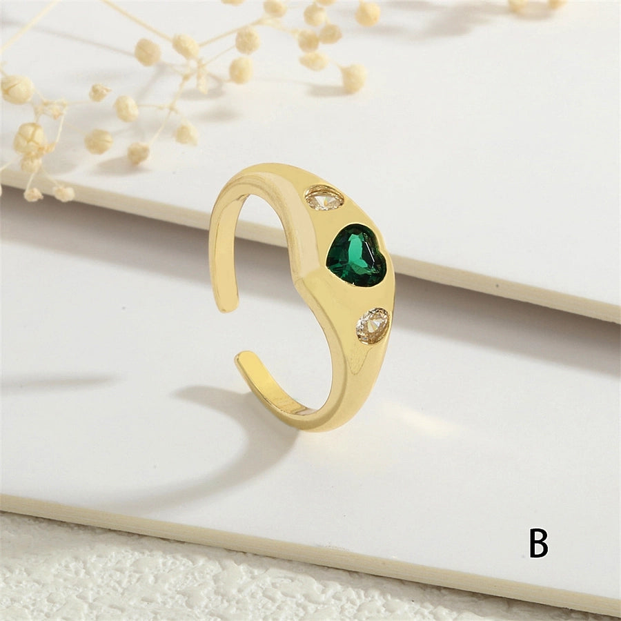 Copper Inlay Heart Shape Zircon Open Rings