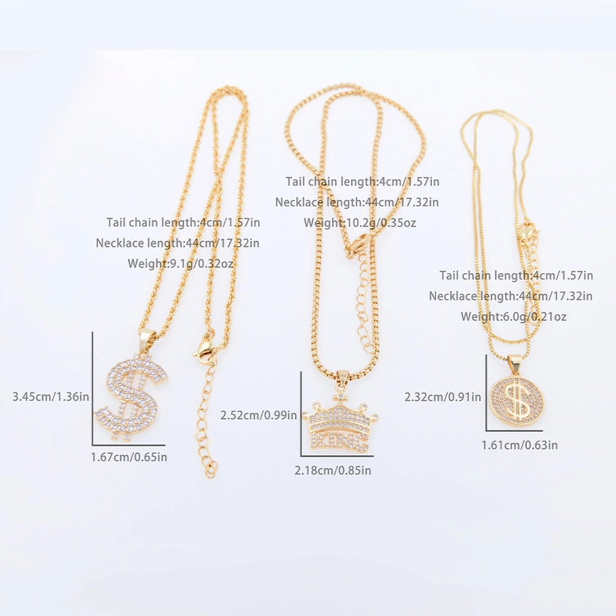 Punk Classic Style Crown Dollar Copper Inlaid Zircon Zircon 18K Gold Plated Unisex Pendant Necklace