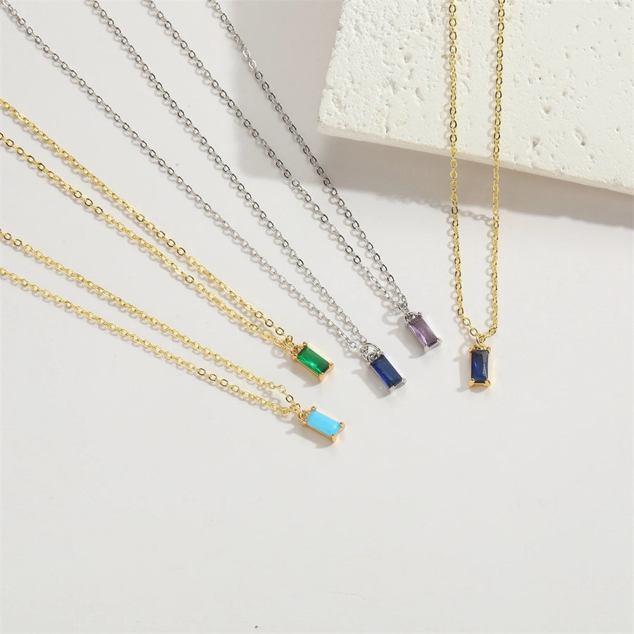 Copper 14K Gold Plated Inlay Rectangle Zircon Pendant Necklace