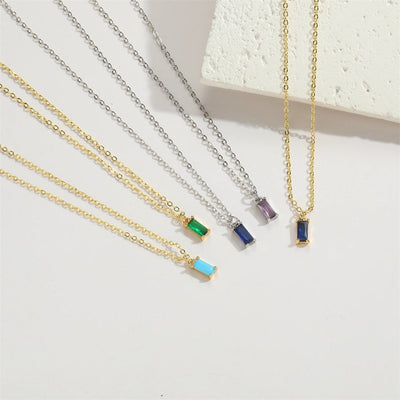 Copper 14K Gold Plated Inlay Rectangle Zircon Pendant Necklace