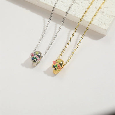 Copper 14K Gold Plated Inlay Skull Zircon Pendant Necklace