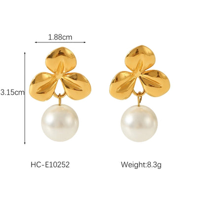 1 Piece IG Style Flower Plating Inlay 304 Stainless Steel Natural Stone Pearl 18K Gold Plated Drop Earrings Ear Studs