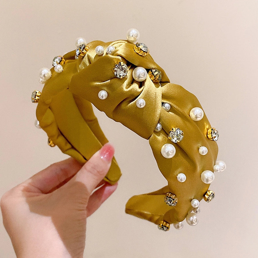 retro lady classic style solid color cloth inlaid pearls hair band