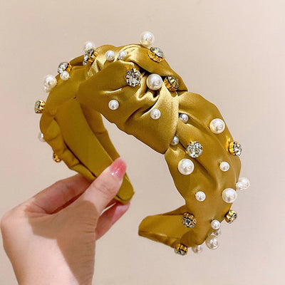 retro lady classic style solid color cloth inlaid pearls hair band