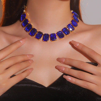 Copper Tennis Chain Inlay Rectangle Rhinestones Pendant Necklace