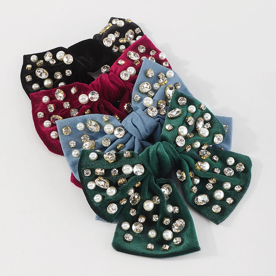 fashion bow knot alloy corduroy inlay artificial pearls rhinestones hair clip 1 piece