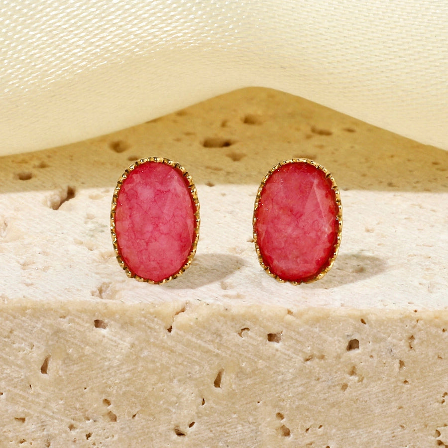 One Pack and Two Pairs Retro French Style Geometric Plating Titanium Steel Natural Stone 14K Gold Plated Ear Studs