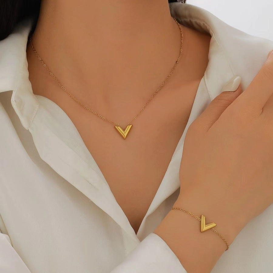 Jewelry Elegant Simple Style V Shape Titanium Steel 18K Gold Plated Bracelets Earrings Necklace