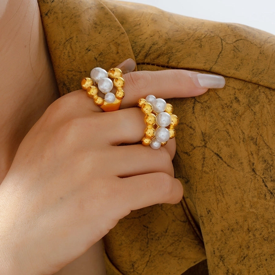 Jewelry Elegant French Style Round 304 Stainless Steel Artificial Pearls 18K Gold Plated Layered Inlay Rings