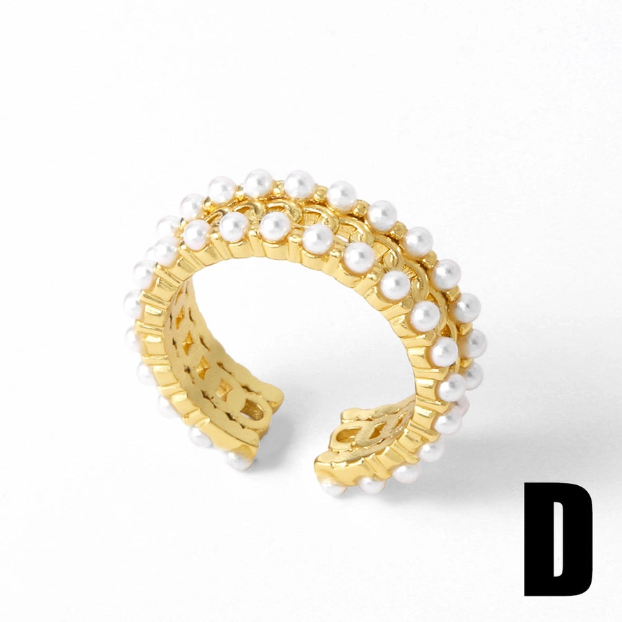 Copper 18K Gold Plated Inlay Geometric Heart Shape Pearl Zircon Open Rings