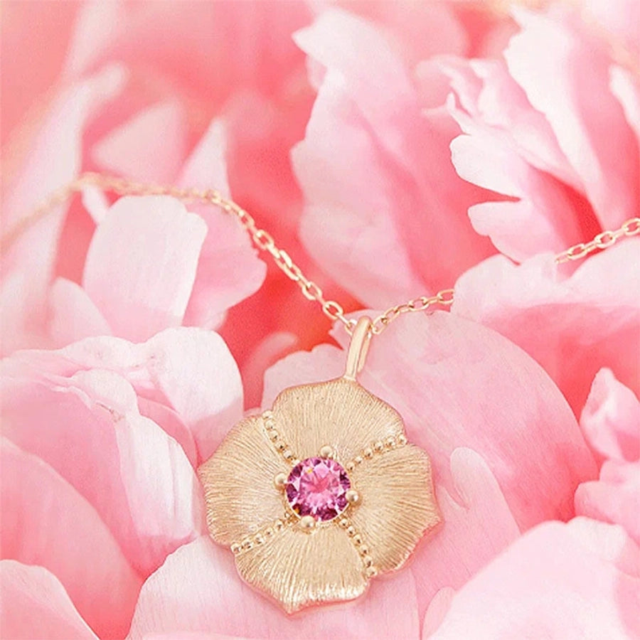 Alloy Copper Inlay Flower Birthstone Pendant Necklace