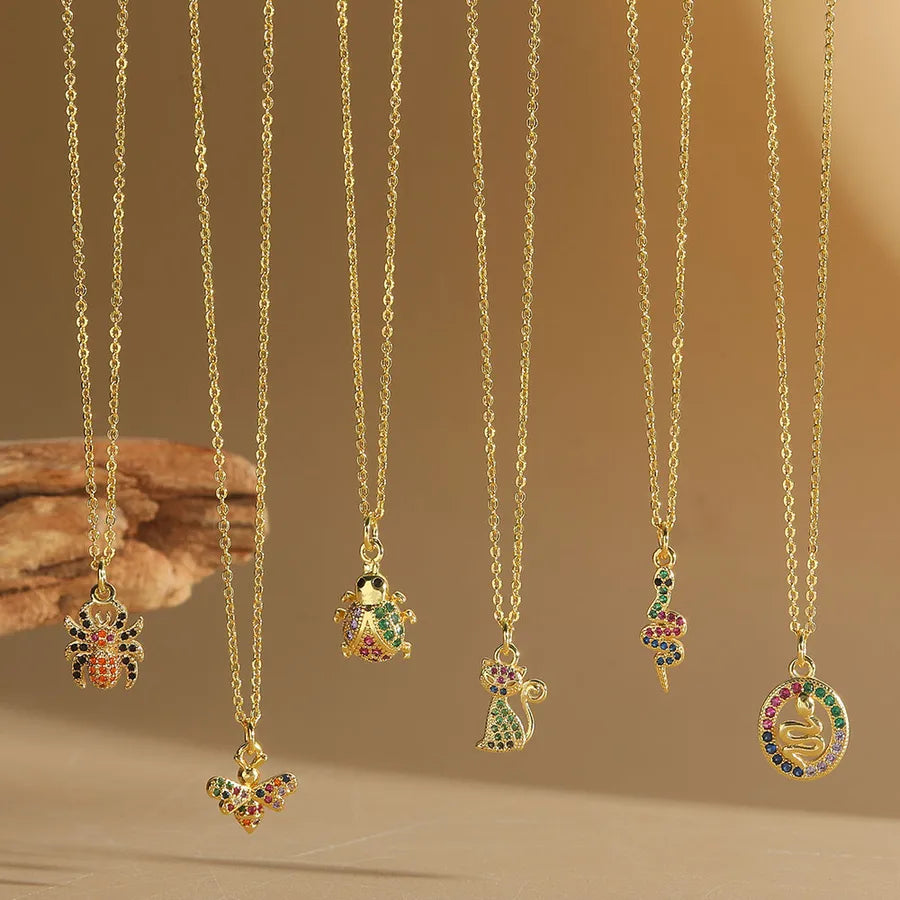 Copper cable chain 14K Gold Plated Cat Snake Spider Zircon Pendant Necklace