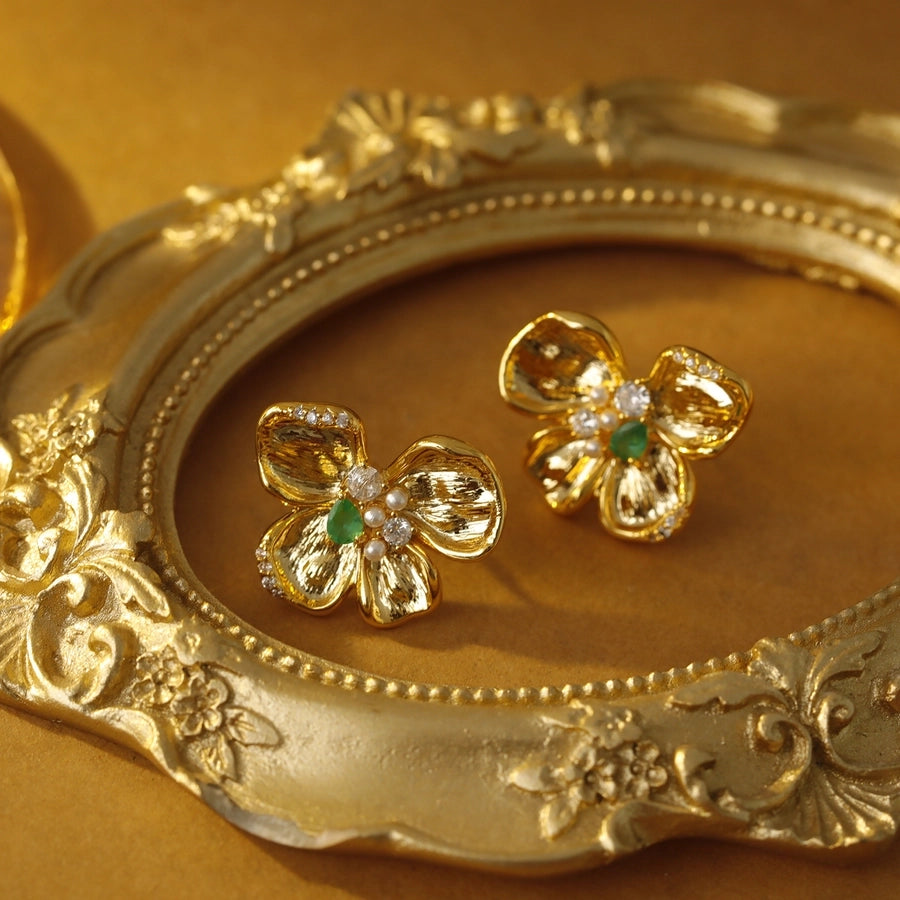1 Pair Luxurious Vacation Sweet Flower Inlay Carving Copper Crystal Zircon 18K Gold Plated Ear Studs