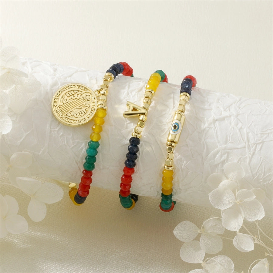 Copper 18K Gold Plated Beaded Enamel Letter Devil's Eye Bracelets