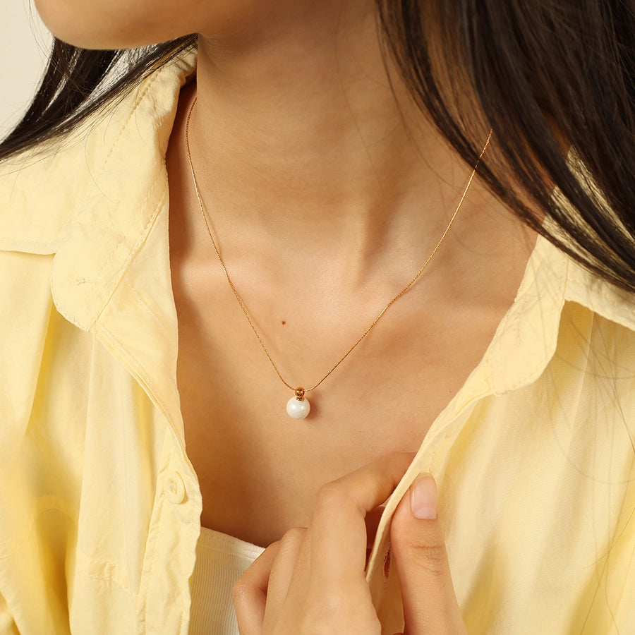 Jewelry IG Style Elegant Round 304 Stainless Steel Artificial Pearls 18K Gold Plated Polishing Inlay Pendant Necklace