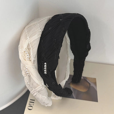 Women's Casual Simple Style Solid Color Cloth Sequins Handmade Pearl Hair Band