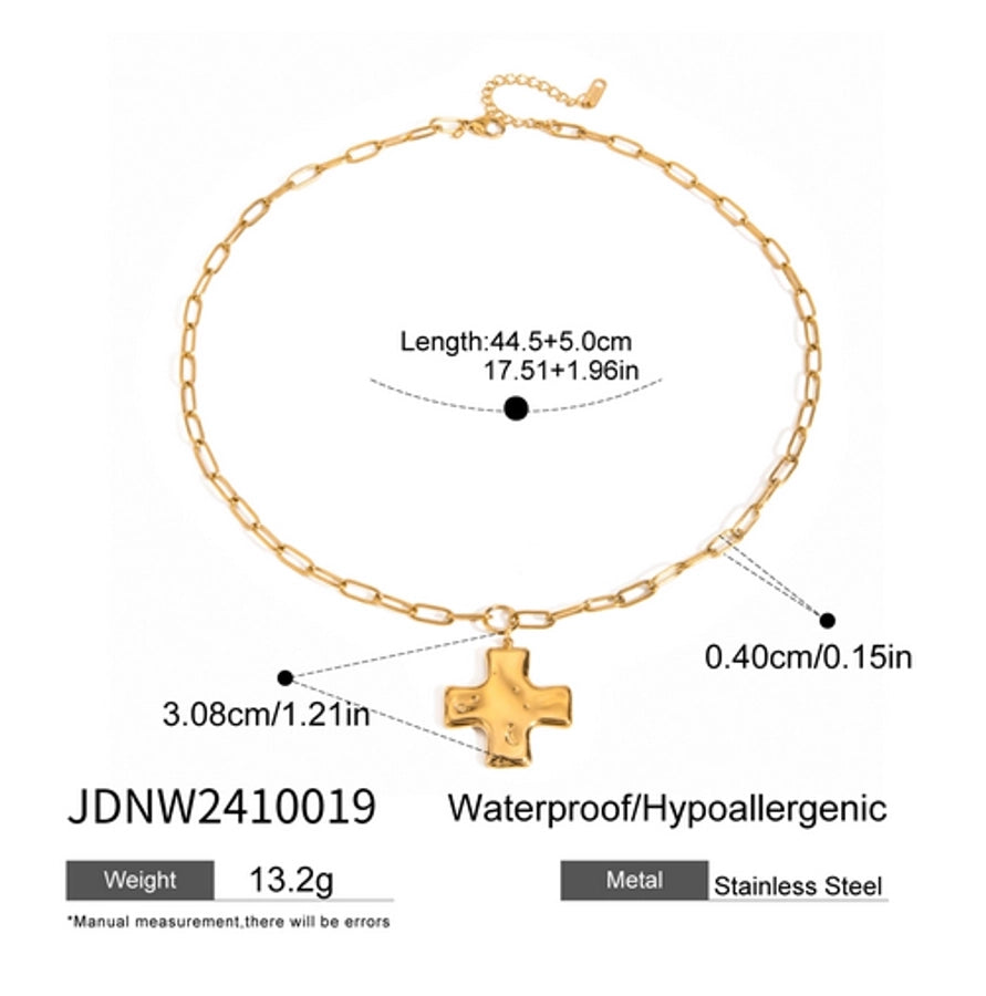 18K Gold Stainless Steel Hammer Pattern Oil Pressure Cross Pendant Clip Chain Necklace