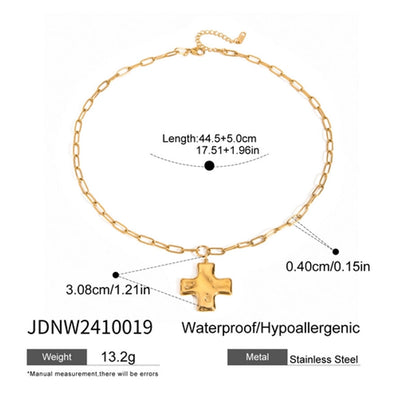 18K Gold Stainless Steel Hammer Pattern Oil Pressure Cross Pendant Clip Chain Necklace