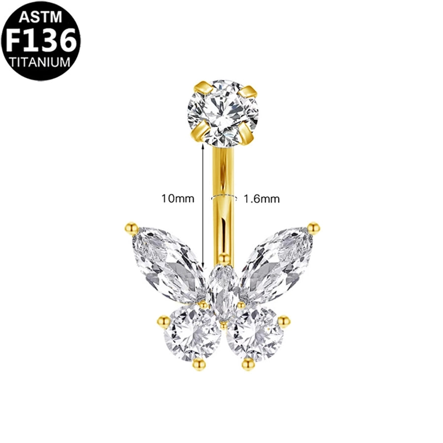 1 Piece Belly Rings Glam Shiny Butterfly Pure Titanium Aluminium Alloy Zircon 14K Gold Plated White Gold Plated