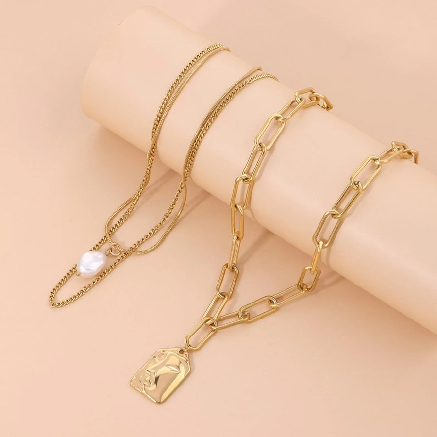 Jewelry Vintage Style French Style Human Titanium Steel Artificial Pearls 18K Gold Plated Layered Necklaces