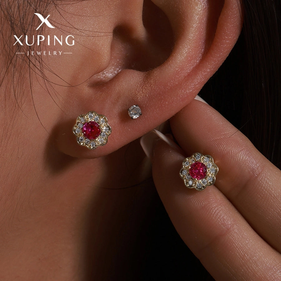 1 Pair XUPING Sweet Simple Style Flower Plating Copper Artificial Gemstones 18K Gold Plated Ear Studs