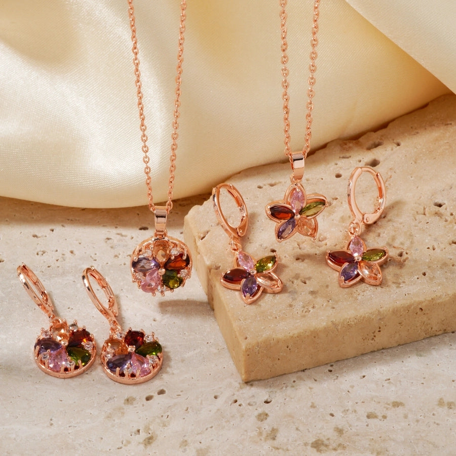Copper K Gold Plated Inlay Water Droplets Flower Glass Jewelry Set