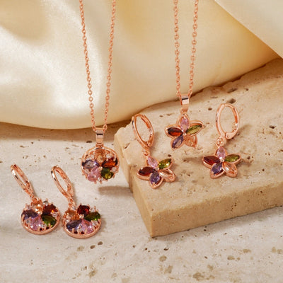 Copper K Gold Plated Inlay Water Droplets Flower Glass Jewelry Set