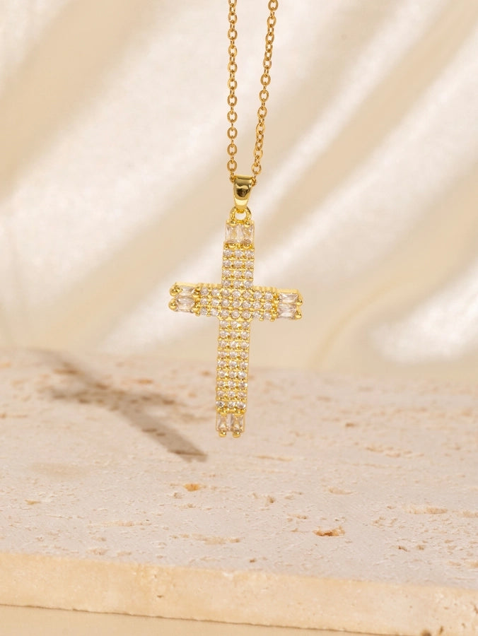 Copper Plating Cross Zircon Pendant Necklace