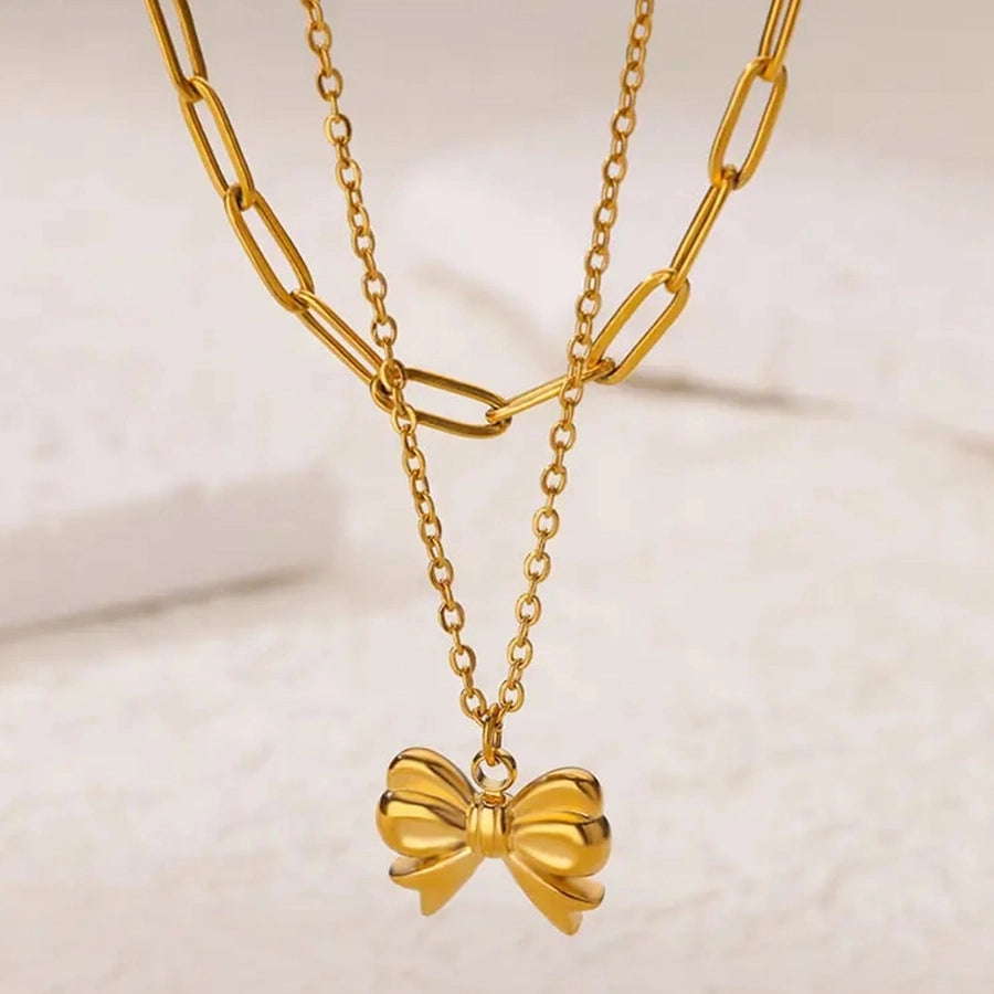 Jewelry Elegant Streetwear Bow Knot 304 Stainless Steel Plating Double Layer Necklaces