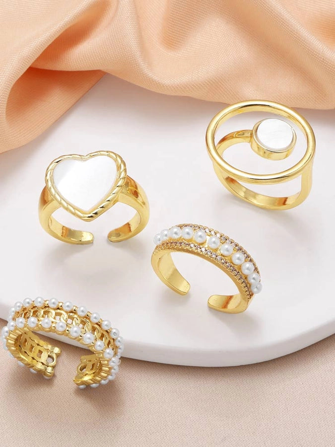 Copper 18K Gold Plated Inlay Geometric Heart Shape Pearl Zircon Open Rings